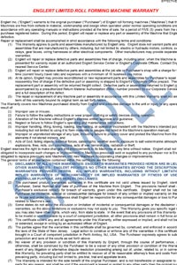 Sample Roll Forming Machine Warranty