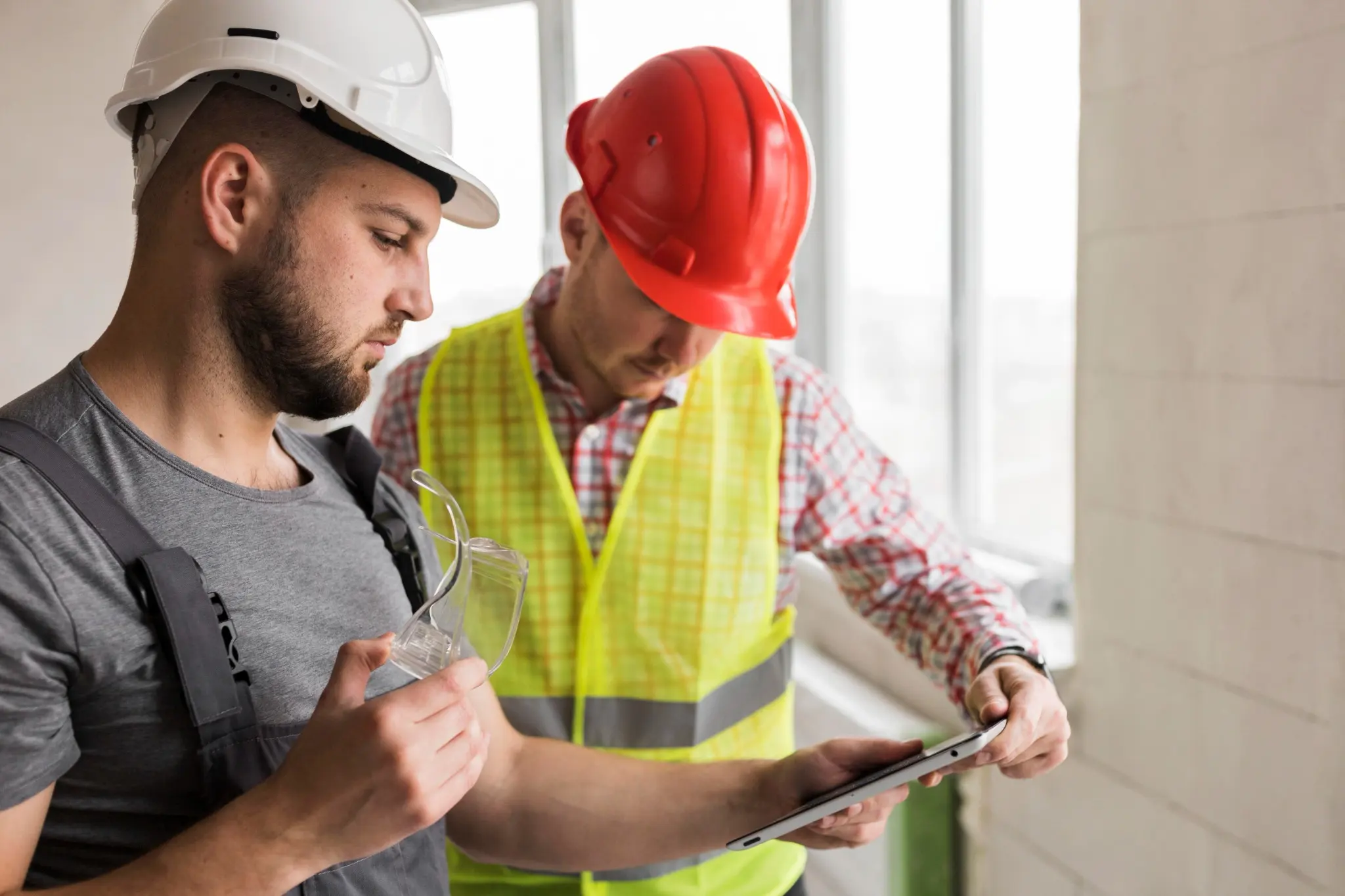 Two male construction contractors wearing hard hats and safety gear reviewing project plans on a digital tablet inside an unfinished building.