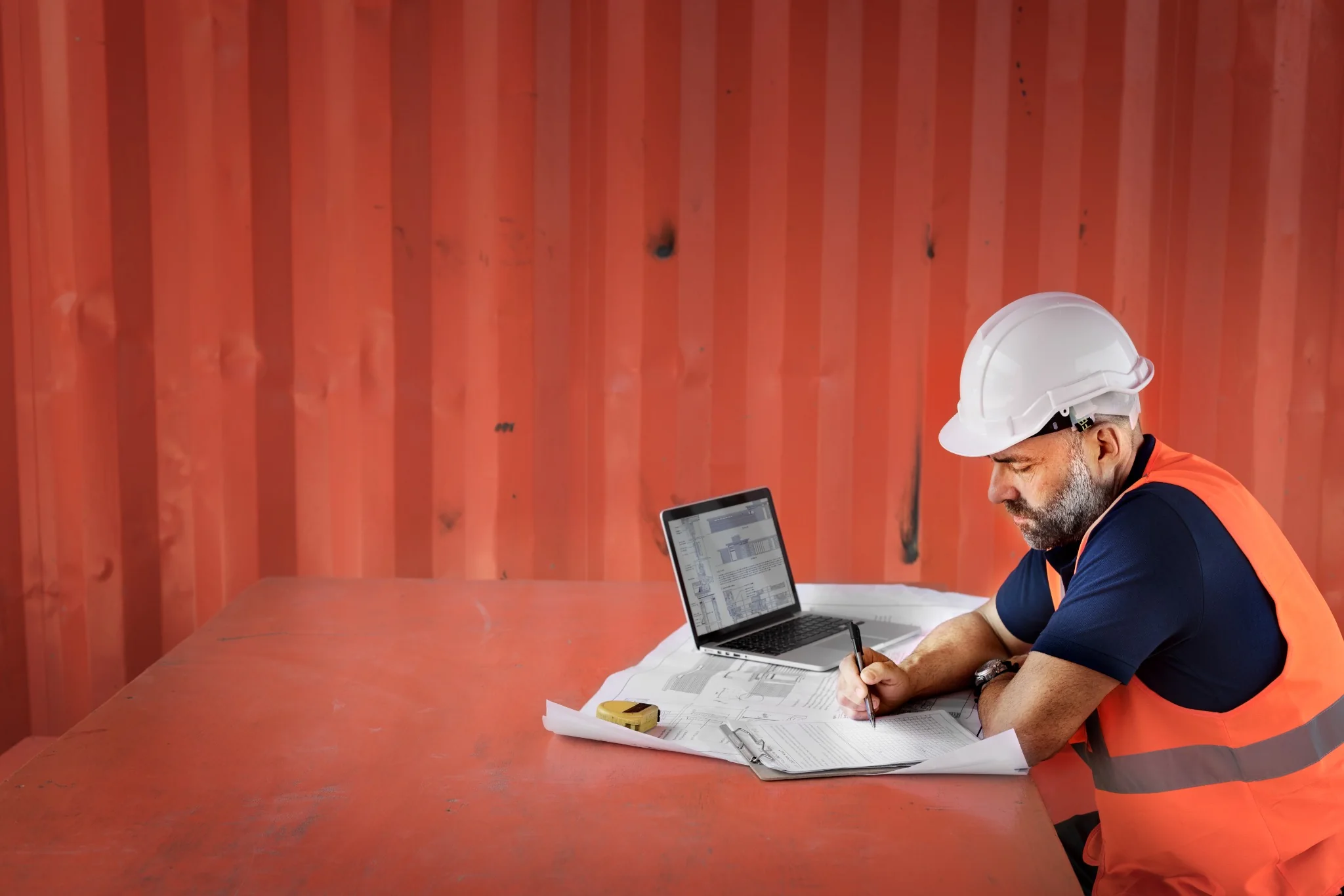 A male construction engineer wearing a white hard hat and an orange safety vest sits at a job site desk against a red shipping container, reviewing blueprints and working on a laptop.